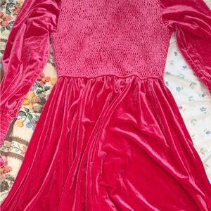 Velvet Long Sleeve Dress in hot pink